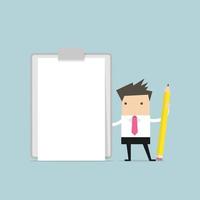 Businessman holding clipboard with blank white paper. vector