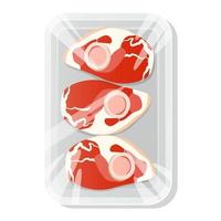 Steak on the bone. A piece of meat in a vacuum pack. Pork and beef in a plastic tray. Vector illustration.