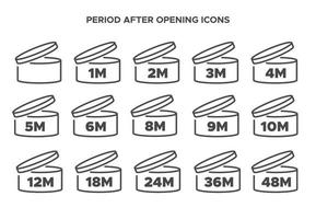 Pao vector symbol. Period after opening icon set. Cosmetic open month life shelf. Cosmetic product expiration.