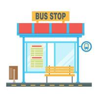 Empty bus stop with the scheme of traffic and the stop sign. Flat vector illustration