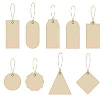 Set of tags on craft paper with rope. Blanks with rope. Shopping labels and price tags in different shapes. Vector