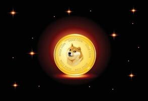 Moneda doge sobre fondo rojo fuego y estrellas vector