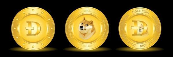 Dogecoin crypto currency logo with three icon