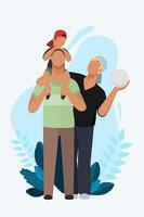 A father is holding his young son on his shoulders, with a second father standing beside him. Two fathers in the family. vector