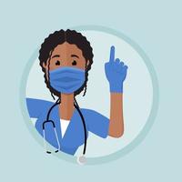 African american nurse peeks around the corner with a raised finger. Nurse calls for attention. vector