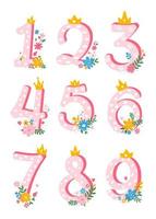 conjunto de lindos, dibujos animados, números femeninos del 1 al 10 con flores para invitación, plantilla de tarjeta.Ilustración plana de vector. vector
