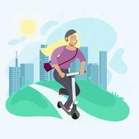 A young girl rides an electric scooter. Eco-friendly transport. Abstract city background vector illustration.