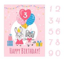 Birthday party card template with numbers,bunny and kitty holding balloons.Vector flat illustration.