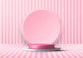 3D realistic pink and white  podium studio stage and circle backdrop for display showcase with vertical lines pattern perspective background. vector