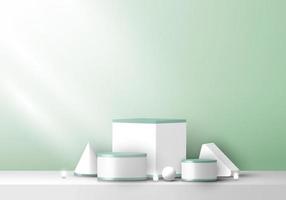 Conjunto de visualización de objetos geométricos 3D en blanco y verde sobre fondo verde con iluminación de neón vector