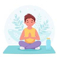 Boy meditating in lotus pose. Gymnastic, yoga and meditation for children. vector