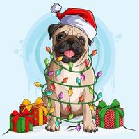 Pug dog in Santa hat sitting and surrounded by Christmas tree lights and gifts on his sides vector