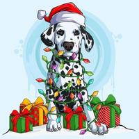 Dalmatian dog in Santa hat sitting and surrounded by Christmas tree lights and gifts on his sides vector