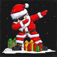 Christmas Santa Claus character doing dabbing dance with sunglasses and gifts on his sides vector