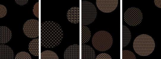 Covers with circles and different golden geometric patterns on black, vector set