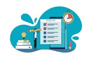 Online test, man fill in online assessment form on smartphone screen via internet vector illustration