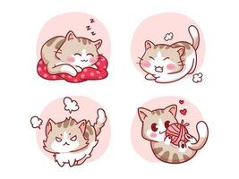 Kawaii Cat Sleeping, Streching, angry, Playing with ball of yarn Illustration Set vector