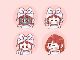 Cute and kawaii Girl Doing Skincare Routine, Apply Face Mask, Wash and Cleanse Face, Glowing Skin, manga chibi Illustration vector