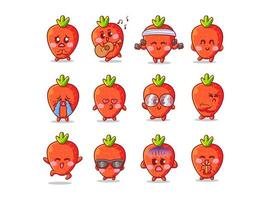 Cute and Kawaii Strawberry Sticker Illustration Set With Various Activity and Expression for mascot vector