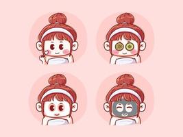 Cute and kawaii Girl Doing Skincare Routine, Apply Clay, Brightening and Cucumber Eye Mask chibi manga Illustration vector