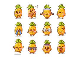 Cute and Kawaii pineapple Sticker Illustration Set With Various Activity and Expression for mascot vector