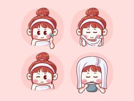 Cute and kawaii girl Before and After Acne Prone Girl Washing Face with Cleansing Brush, Wiping with Towel, Steaming Face chibi manga Illustration vector