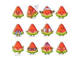 Cute and Kawaii Watermelon Sticker Illustration Set With Various Activity and Expression for mascot vector