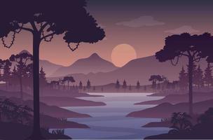 Silhouette twilight forest landscape background vector