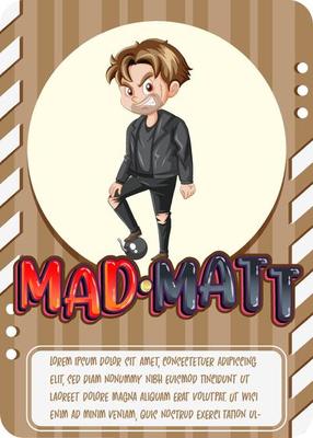 Character game card template with word Mad Matt