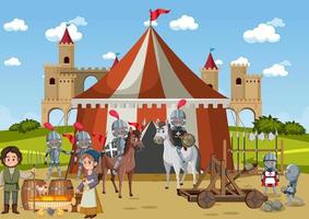 Military medieval camp with tent and villagers vector