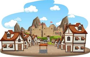 Escena de pueblo medieval sobre fondo blanco. vector