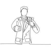 One line drawing of young happy business man holding money paper stack and gives thumbs up gesture. Business success concept. Continuous line draw design vector illustration