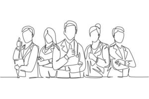 One line drawing of groups of young happy doctors giving thumbs up gesture for best healthcare service in hospital. Medical team work concept. Continuous line graphic draw design vector illustration