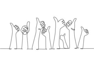 One line drawing of people arm hands raising with thumbs up gesture. Good service excellence in business sector sign concept. Continuous line draw graphic design vector illustration