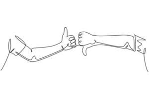 One line drawing of young male arm hands with thumbs up and thumbs down sign gesture. Good and bad symbol concept. Continuous line draw graphic design vector illustration