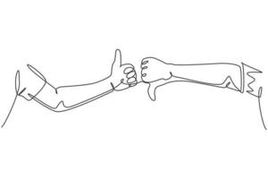 One line drawing of young male arm hands with thumbs up and thumbs down sign gesture. Good and bad symbol concept. Continuous line draw graphic design vector illustration