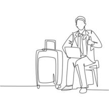 un dibujo de línea del joven empresario feliz dando pulgares hacia arriba gesto mientras abre la computadora portátil esperando en el aeropuerto. concepto de viaje de viajes de negocios. gráfico de vector de diseño de dibujo de línea continua