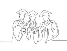 One line drawing of young happy graduate college students wearing graduation dress and giving thumbs gesture. Education graduating concept. Continuous line draw design graphic vector illustration