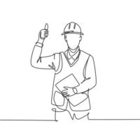 One line drawing of foreman handyman wearing helmet and carrying clipboard giving thumbs up gesture. Home maintenance service concept. Continuous line draw design vector graphic illustration