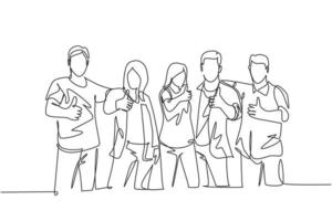 One line drawing of groups of young happy college students giving thumbs up gesture after studying together at campus library. Learn and study in university life concept. Continuous line draw design