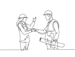 One line drawing of young architect woman and builder foreman wearing construction vest and helmet handshake to deal a project. Great teamwork concept. Continuous line drawing vector illustration