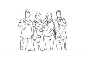 One line drawing of groups of happy college students giving thumbs up gesture after studying together at university library. Learn and study in campus life concept. Continuous line draw design vector