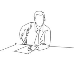 El dibujo de línea continua del hombre de negocios joven hace un gesto de apretón de manos a su colega en la oficina. concepto de reunión de negocios. diseño de dibujo de una sola línea, ilustración vectorial gráfica vector