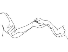 One line drawing of human hand holding dog leg with full of love. Friendship with pet animal concept. Best friend forever. Continuous line drawing graphic design, vector illustration