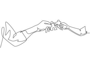 One line drawing of two hands holding puzzle pieces and want to merge together. Father or mother and son teamwork to build super family. Continuous line draw design, vector illustration graphic