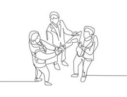 Continuous line drawing of business man handshake his colleague to deal a project. Business teamwork meeting at office concept. Single line drawing design, graphic vector illustration