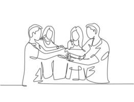 Continuous line drawing of young business group holding hand together as a great team. Business teamwork concept. Single line drawing design, vector graphic illustration