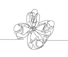 Top view continuous line drawing of young business group holding hand together. Business teamwork at office concept. Single line drawing design, vector graphic illustration
