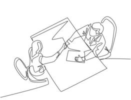Continuous line drawing of young manager handshake his female worker to congratulate her dealing a project. Business agreement concept. Single line drawing graphic vector illustration