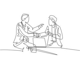 Continuous line drawing of business men handshake his colleague to deal a project. Business meeting at office concept. Single line drawing design, vector graphic illustration